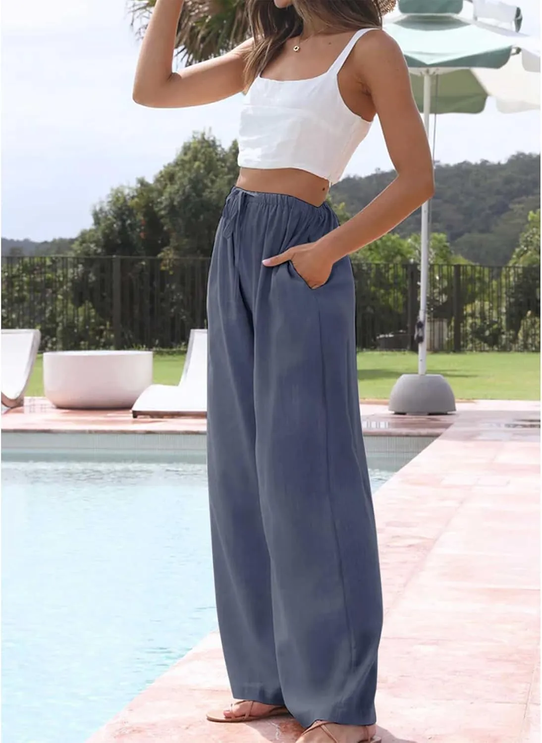 Duyang Womens Cotton Linen Palazzo Pants Drawstring Elastic Waist Casual Wide Leg Trousers with Pockets