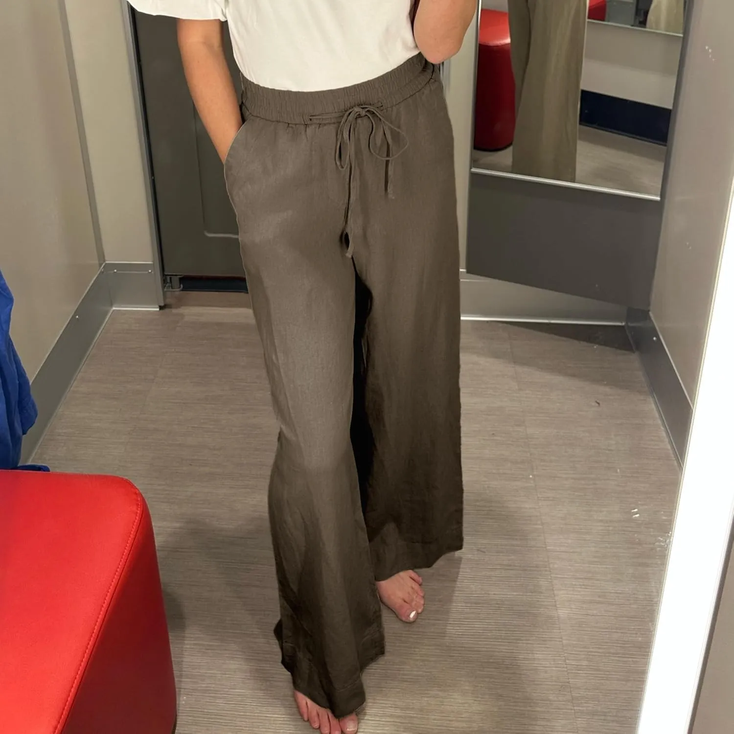 Duyang Womens Cotton Linen Palazzo Pants Drawstring Elastic Waist Casual Wide Leg Trousers with Pockets