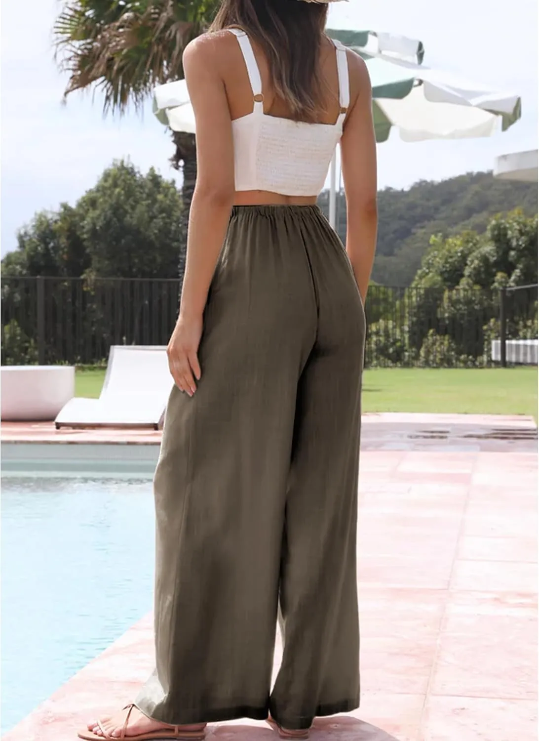 Duyang Womens Cotton Linen Palazzo Pants Drawstring Elastic Waist Casual Wide Leg Trousers with Pockets