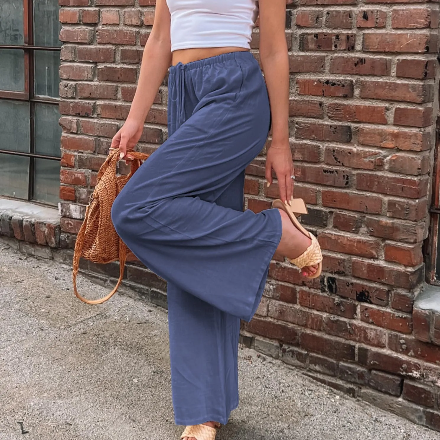 Duyang Womens Cotton Linen Palazzo Pants Drawstring Elastic Waist Casual Wide Leg Trousers with Pockets