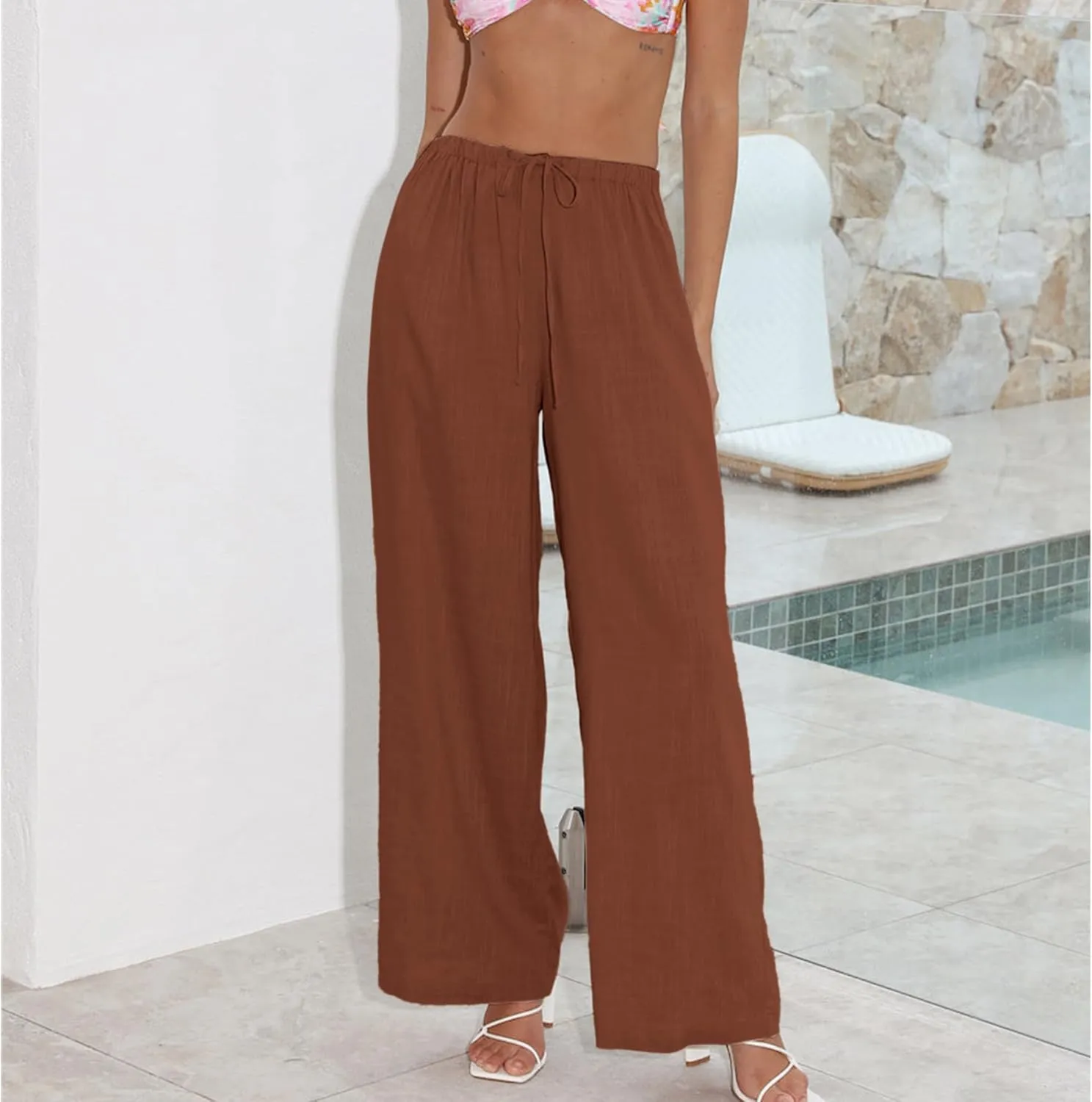Duyang Womens Cotton Linen Palazzo Pants Drawstring Elastic Waist Casual Wide Leg Trousers with Pockets