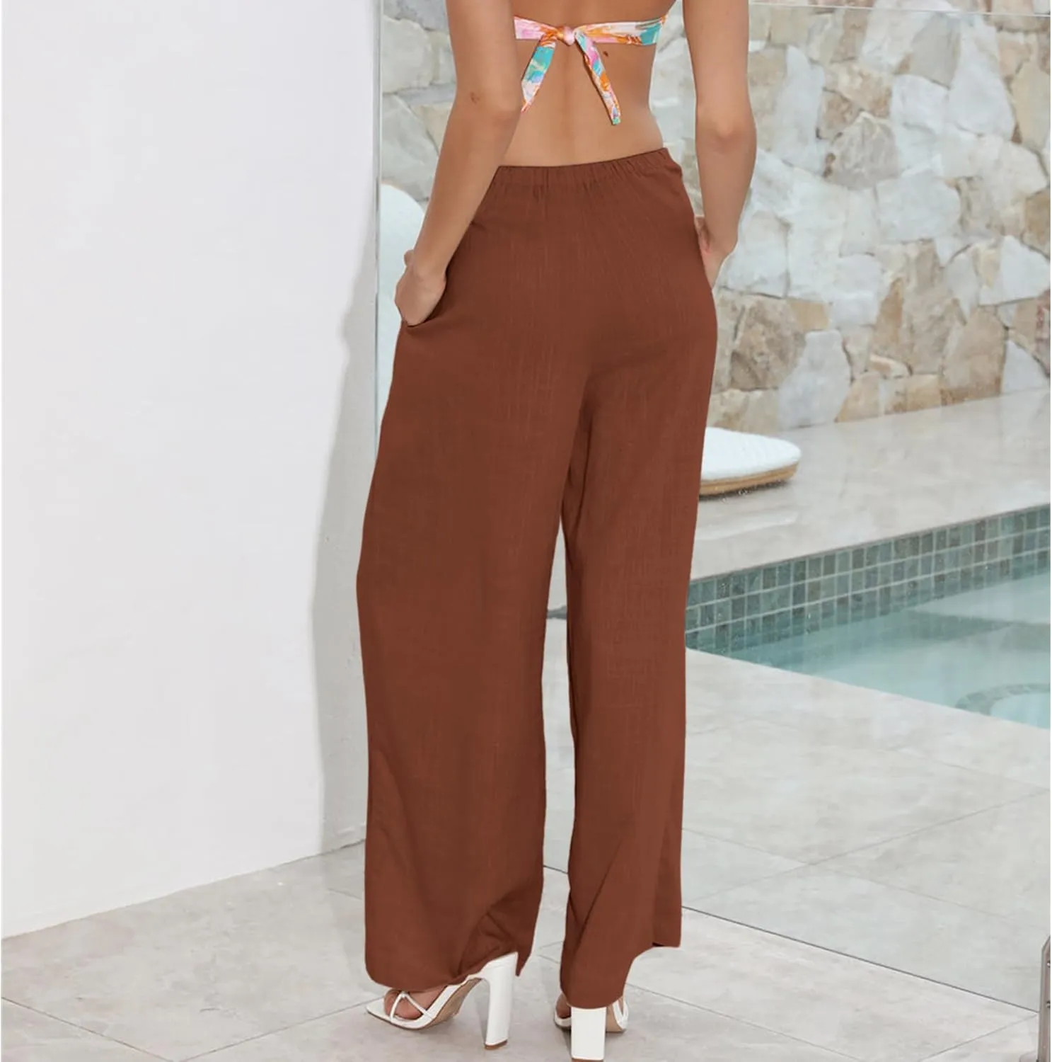 Duyang Womens Cotton Linen Palazzo Pants Drawstring Elastic Waist Casual Wide Leg Trousers with Pockets