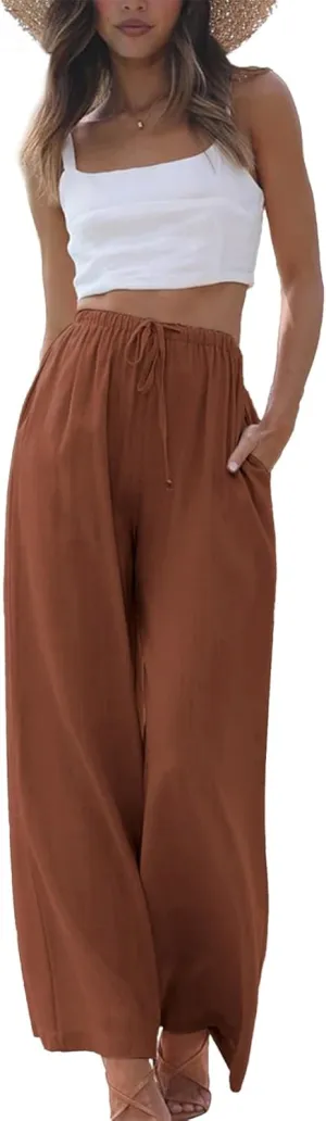 Duyang Womens Cotton Linen Palazzo Pants Drawstring Elastic Waist Casual Wide Leg Trousers with Pockets