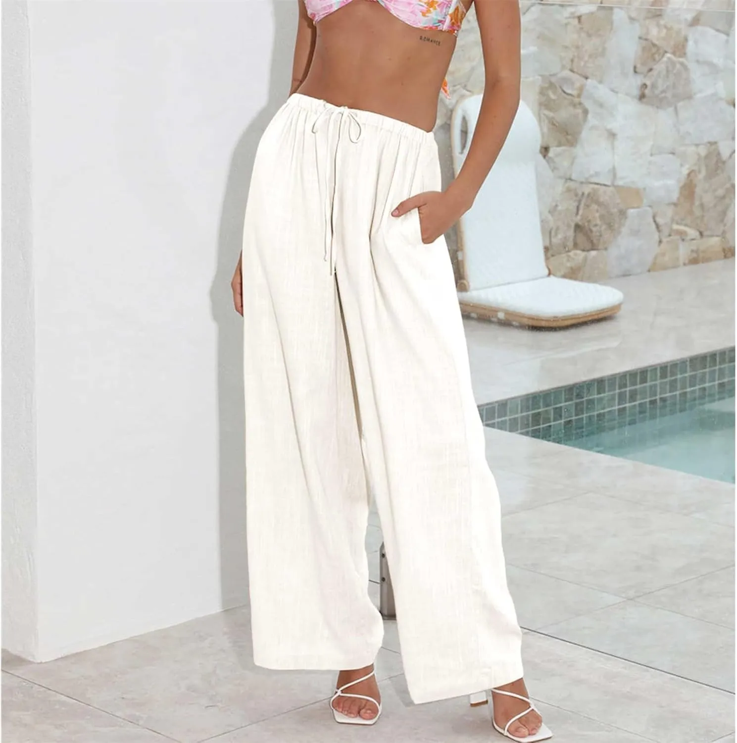 Duyang Womens Cotton Linen Palazzo Pants Drawstring Elastic Waist Casual Wide Leg Trousers with Pockets