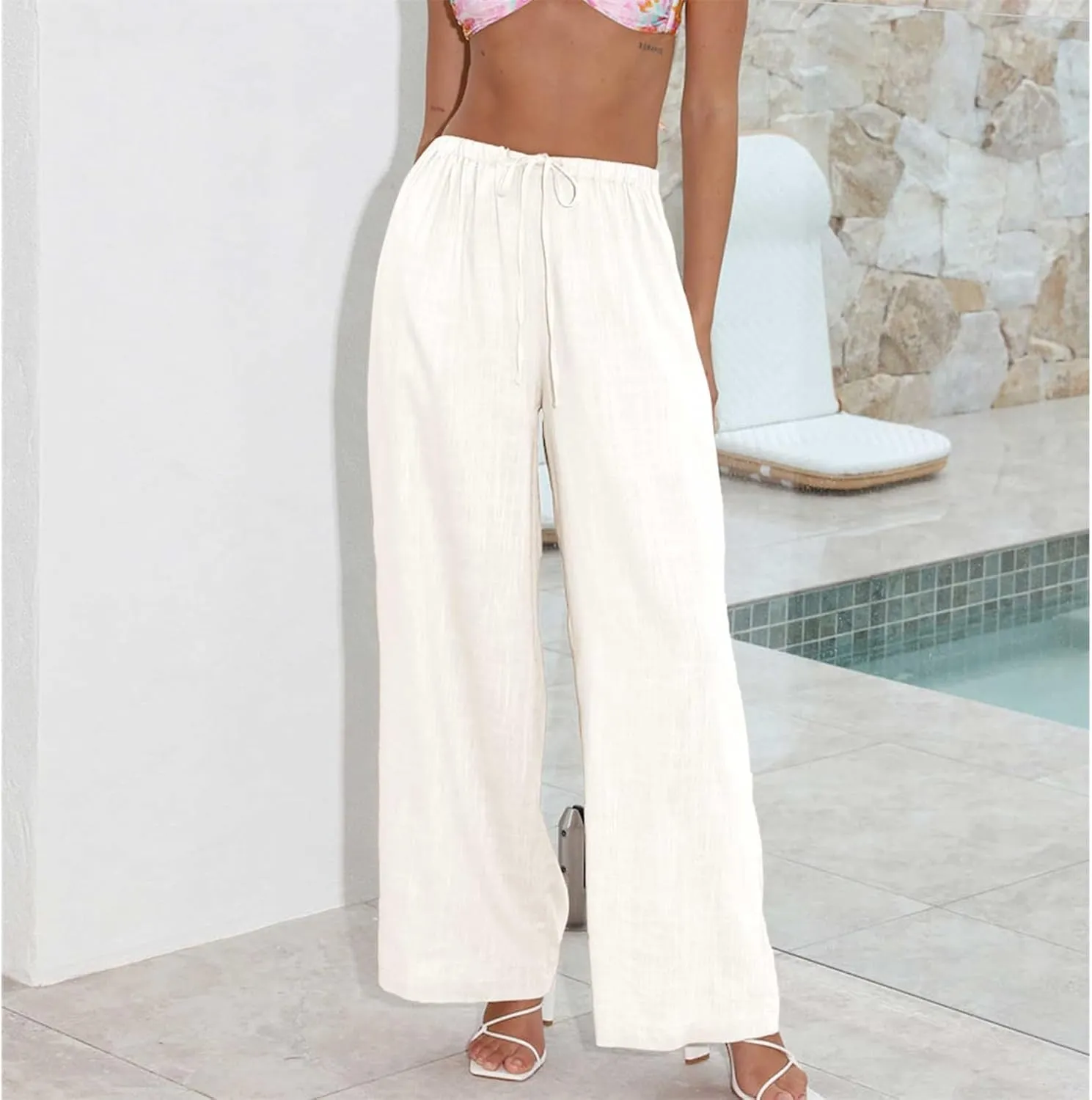 Duyang Womens Cotton Linen Palazzo Pants Drawstring Elastic Waist Casual Wide Leg Trousers with Pockets