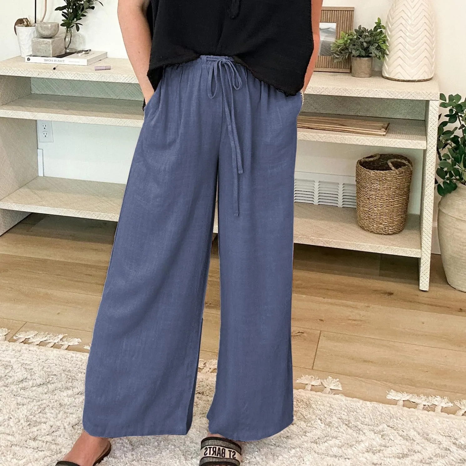 Duyang Womens Cotton Linen Palazzo Pants Drawstring Elastic Waist Casual Wide Leg Trousers with Pockets