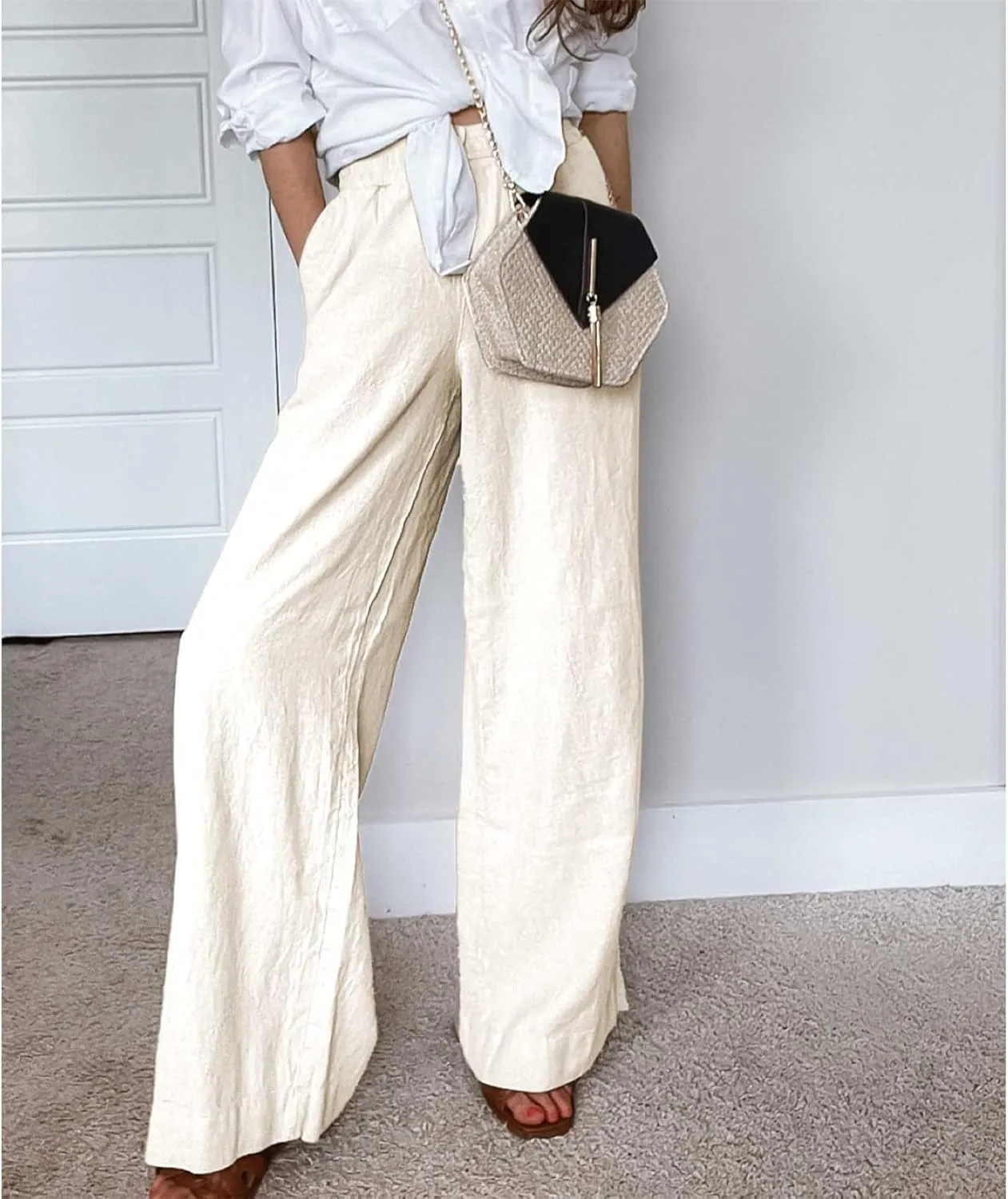 Duyang Womens Cotton Linen Palazzo Pants Drawstring Elastic Waist Casual Wide Leg Trousers with Pockets