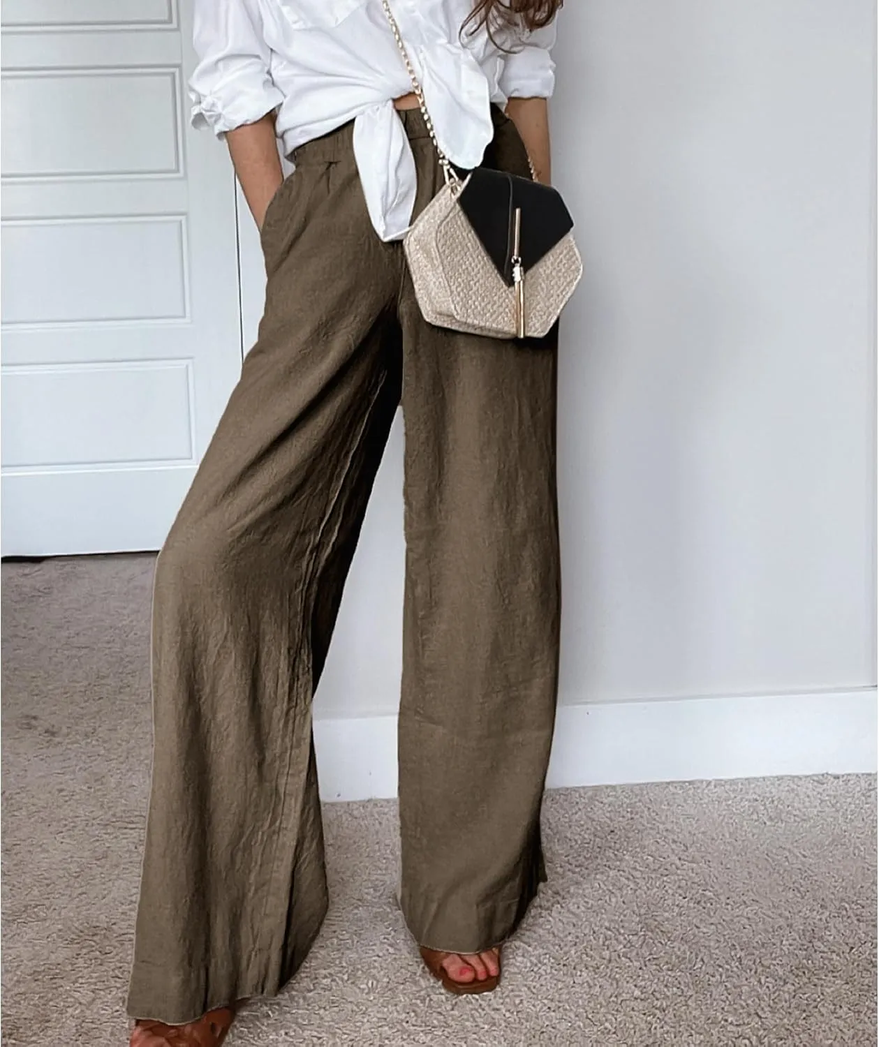 Duyang Womens Cotton Linen Palazzo Pants Drawstring Elastic Waist Casual Wide Leg Trousers with Pockets