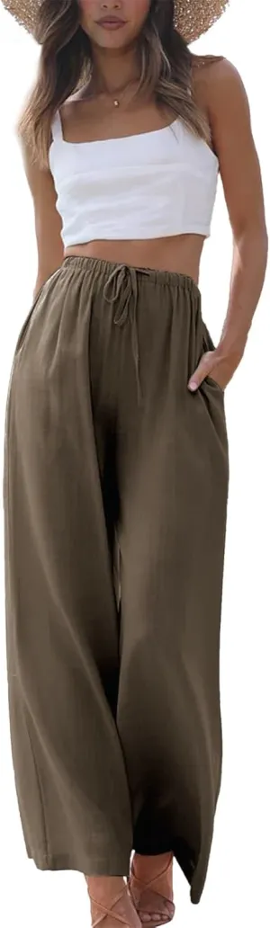 Duyang Womens Cotton Linen Palazzo Pants Drawstring Elastic Waist Casual Wide Leg Trousers with Pockets