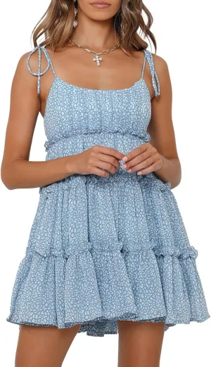 ebossy Women's Summer Floral Ruffle Swing Mini Dress Tied Spaghetti Strap Boho Cute Tiered Sundress