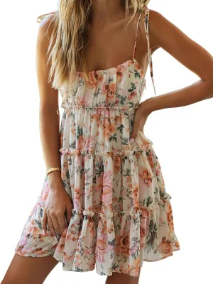 ebossy Women's Summer Floral Ruffle Swing Mini Dress Tied Spaghetti Strap Boho Cute Tiered Sundress