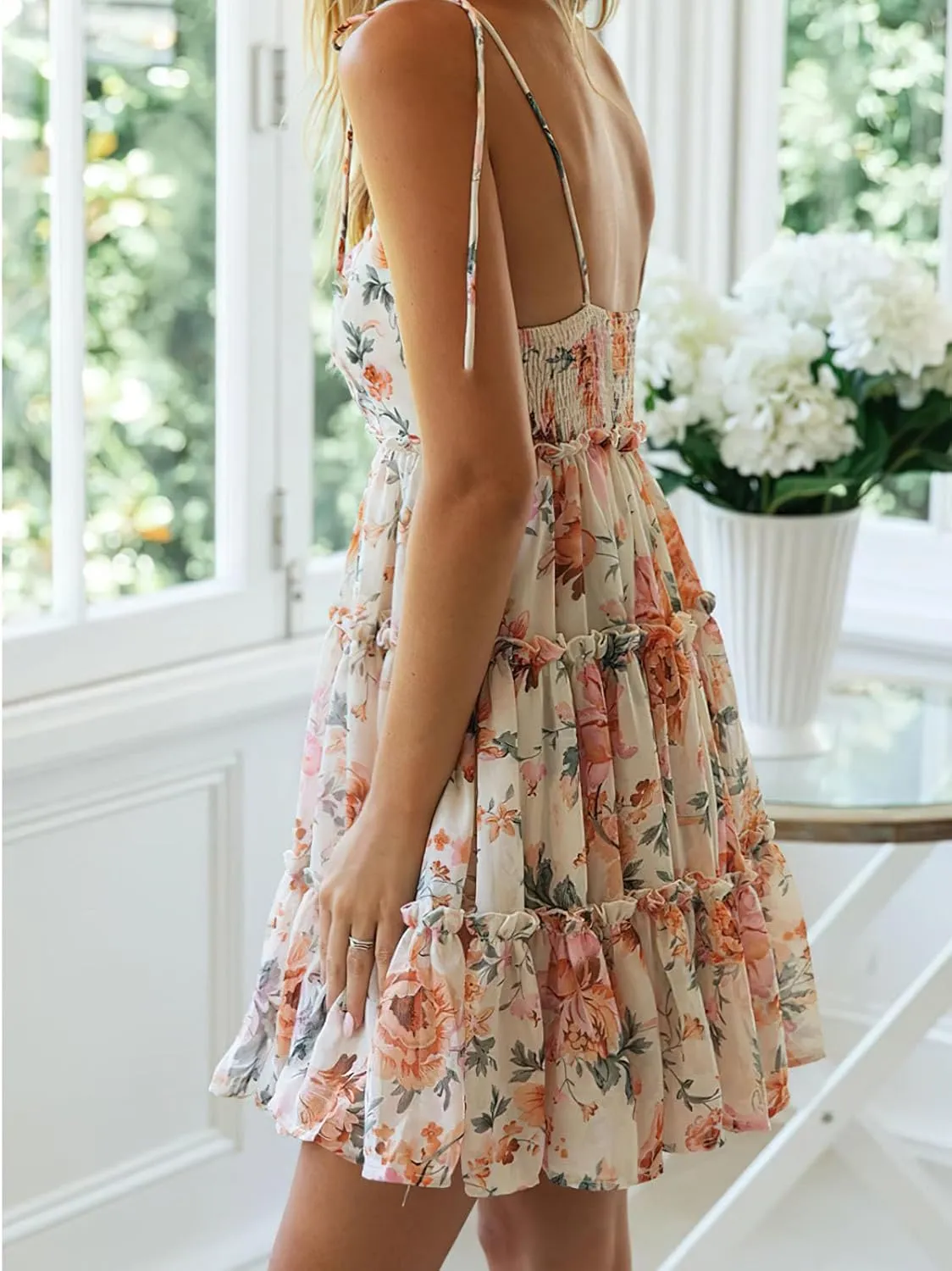 ebossy Women's Summer Floral Ruffle Swing Mini Dress Tied Spaghetti Strap Boho Cute Tiered Sundress