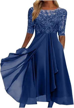 Elegant Embroidery Women Midi Dresses Summer Flowy Lace Cap Sleeve Dress 2025 Chiffon Plus Size Formal Evening Gowns