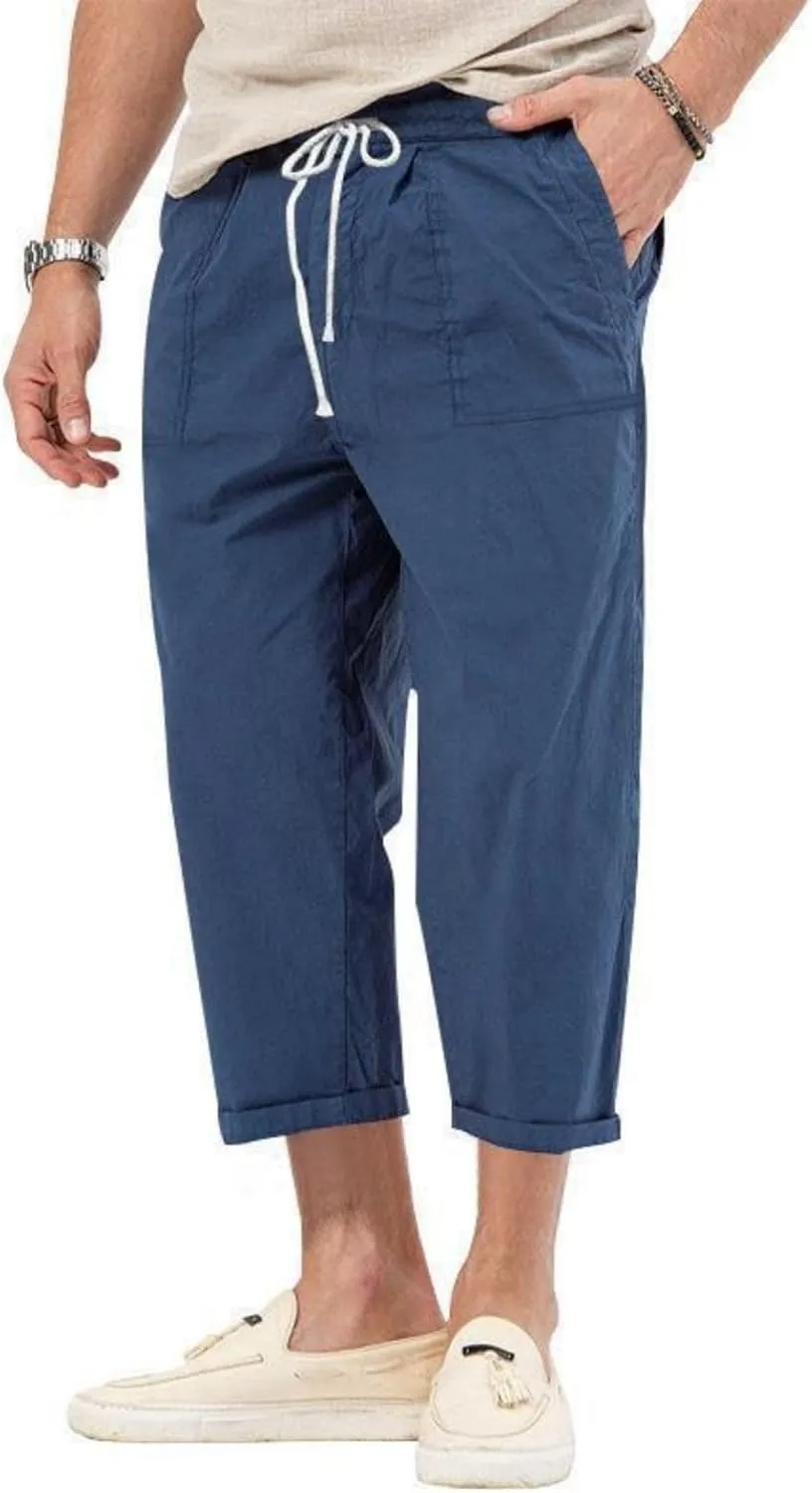evzosrz Mens Capri Pants Cargo Shorts 3/4 Capri Long Shorts Twill Elastic Below Knee Drawstring Elastic Beach Yoga Pants