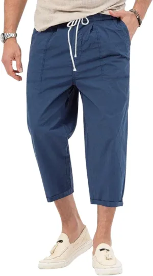 evzosrz Mens Capri Pants Cargo Shorts 3/4 Capri Long Shorts Twill Elastic Below Knee Drawstring Elastic Beach Yoga Pants