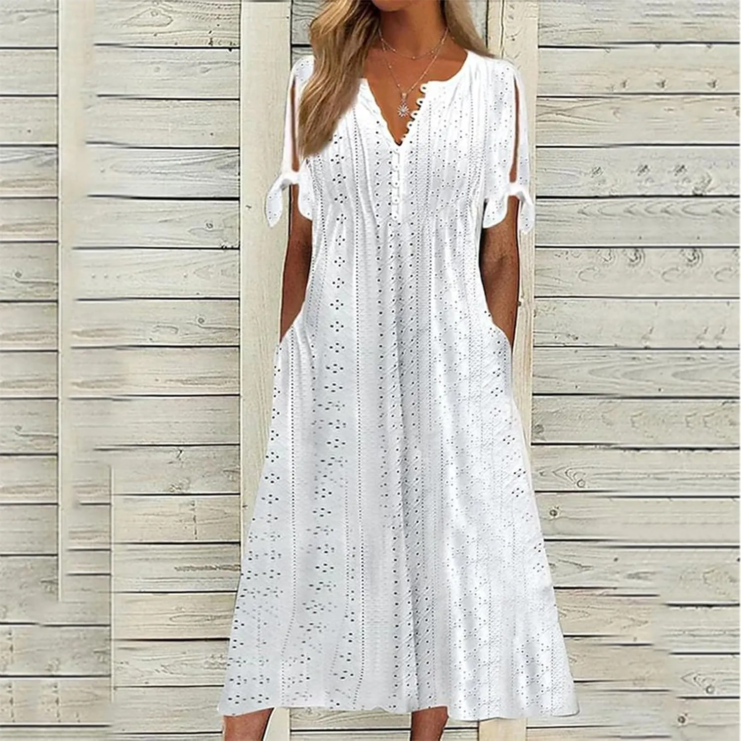Eyelet Dress for Women Boho Summer Beach Vacation Loose Short Sleeve Cold Shoulder Shift Midi Dress with Pockets