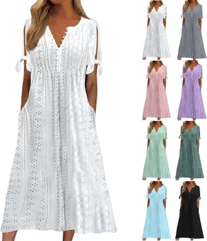 Eyelet Dress for Women Boho Summer Beach Vacation Loose Short Sleeve Cold Shoulder Shift Midi Dress with Pockets