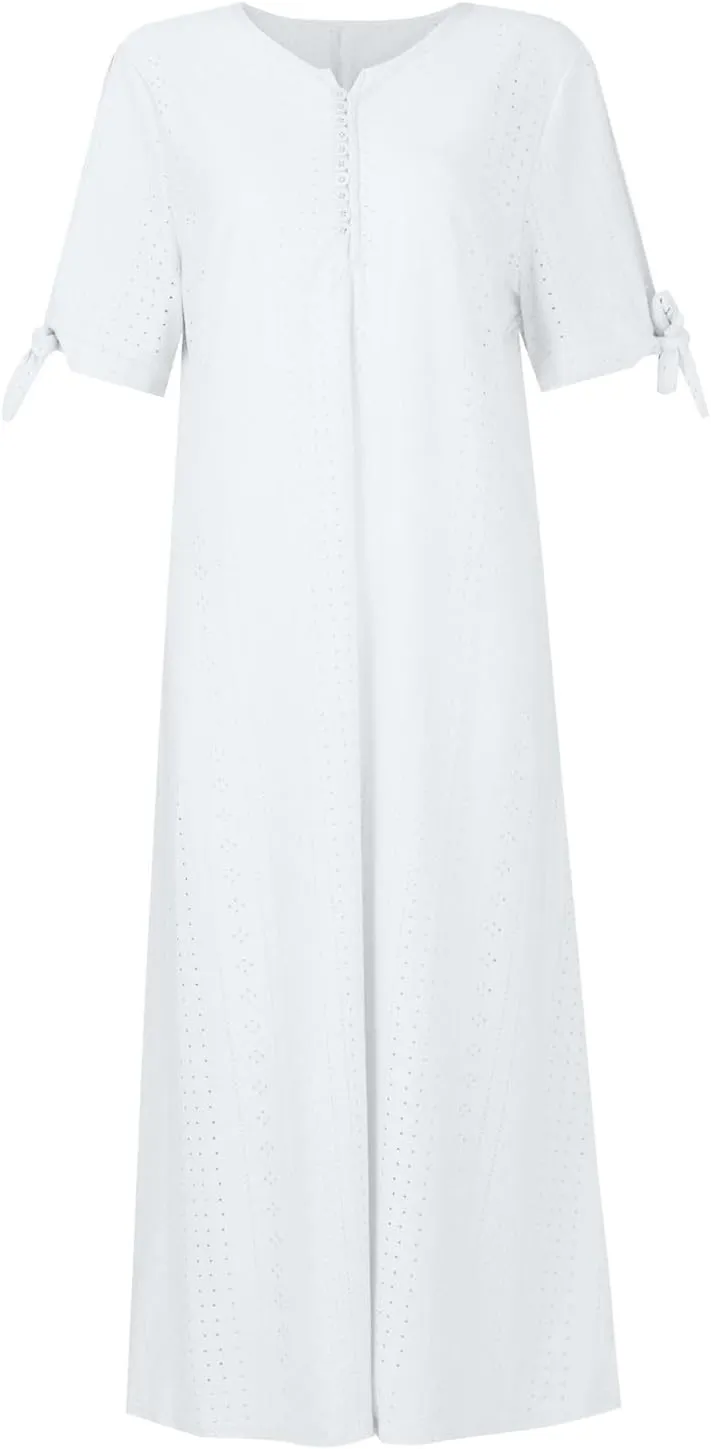 Eyelet Dress for Women Boho Summer Beach Vacation Loose Short Sleeve Cold Shoulder Shift Midi Dress with Pockets