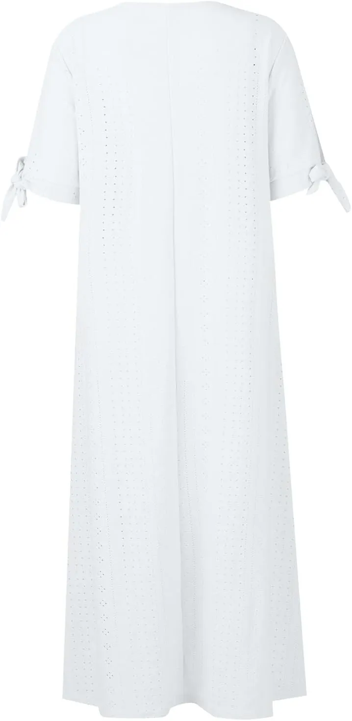 Eyelet Dress for Women Boho Summer Beach Vacation Loose Short Sleeve Cold Shoulder Shift Midi Dress with Pockets