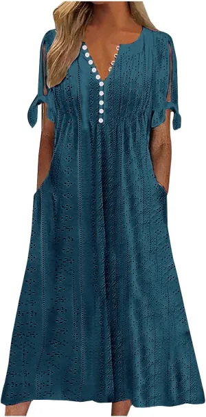 Eyelet Dress for Women Summer Beach Vacation Casual Cutout Short Sleeve Pleated V Neck Button Flowy Tshirt Midi Dresses