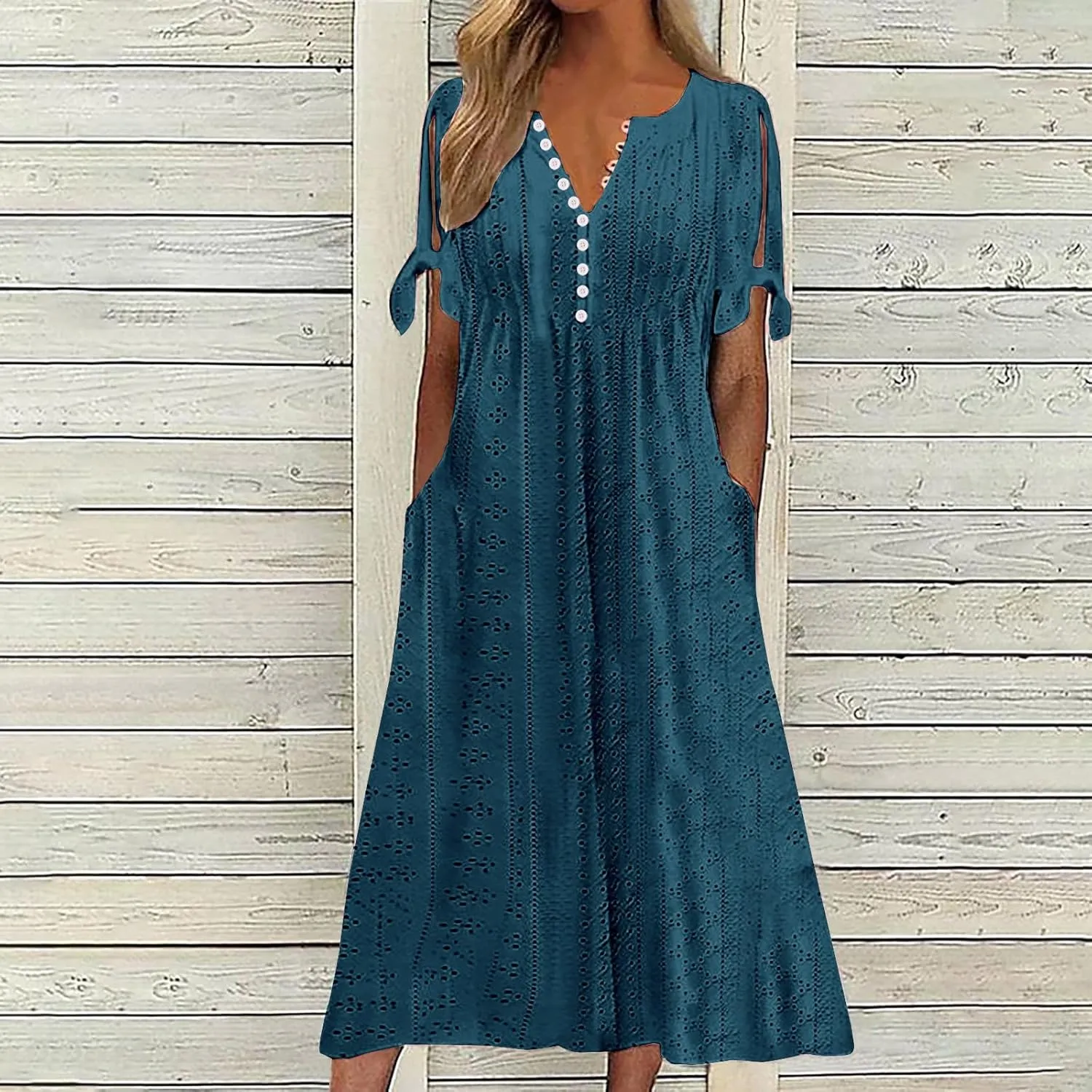 Eyelet Dress for Women Summer Beach Vacation Casual Cutout Short Sleeve Pleated V Neck Button Flowy Tshirt Midi Dresses