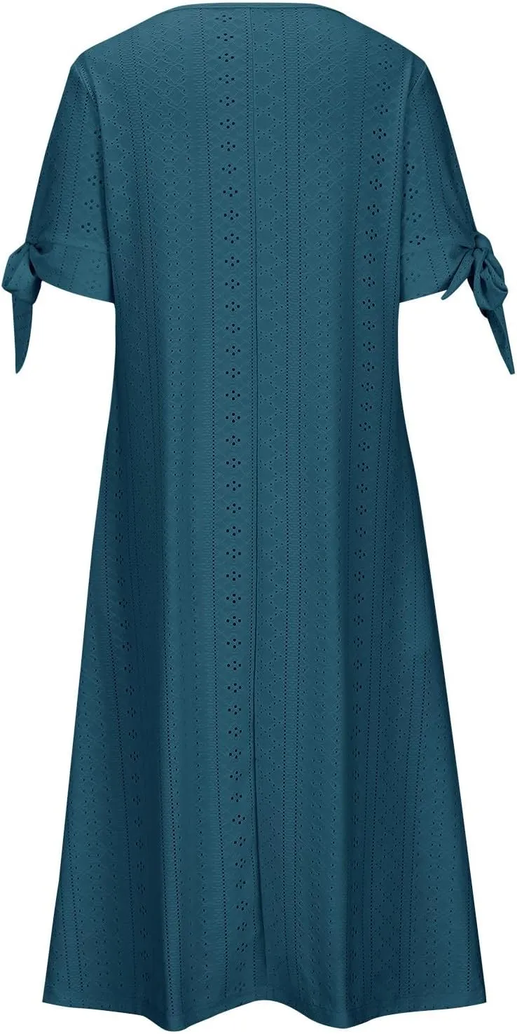 Eyelet Dress for Women Summer Beach Vacation Casual Cutout Short Sleeve Pleated V Neck Button Flowy Tshirt Midi Dresses