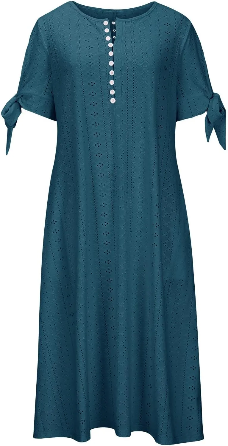 Eyelet Dress for Women Summer Beach Vacation Casual Cutout Short Sleeve Pleated V Neck Button Flowy Tshirt Midi Dresses