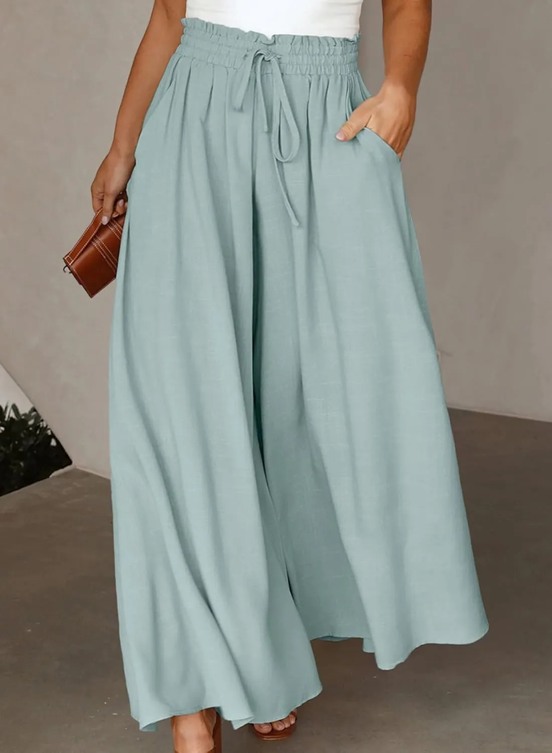 Eytino Womens Plus Size Wide Leg Pants Casual Elastic High Waist Flowy Pants Drawstring Palazzo Pants with Pockets(1X-5X)