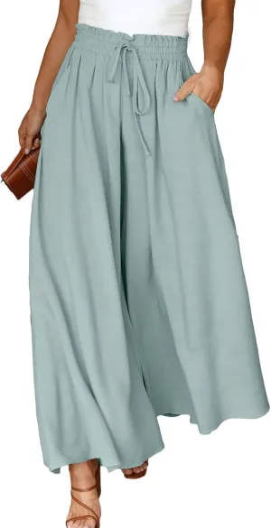 Eytino Womens Plus Size Wide Leg Pants Casual Elastic High Waist Flowy Pants Drawstring Palazzo Pants with Pockets(1X-5X)