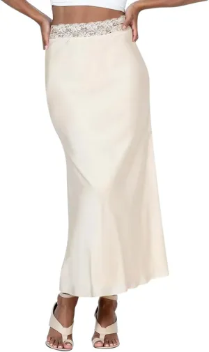 Ezcosplay Women Satin Silk Maxi Skirt Lace High Elastic Waisted Cocktail Party Wedding Silky Long Skirts