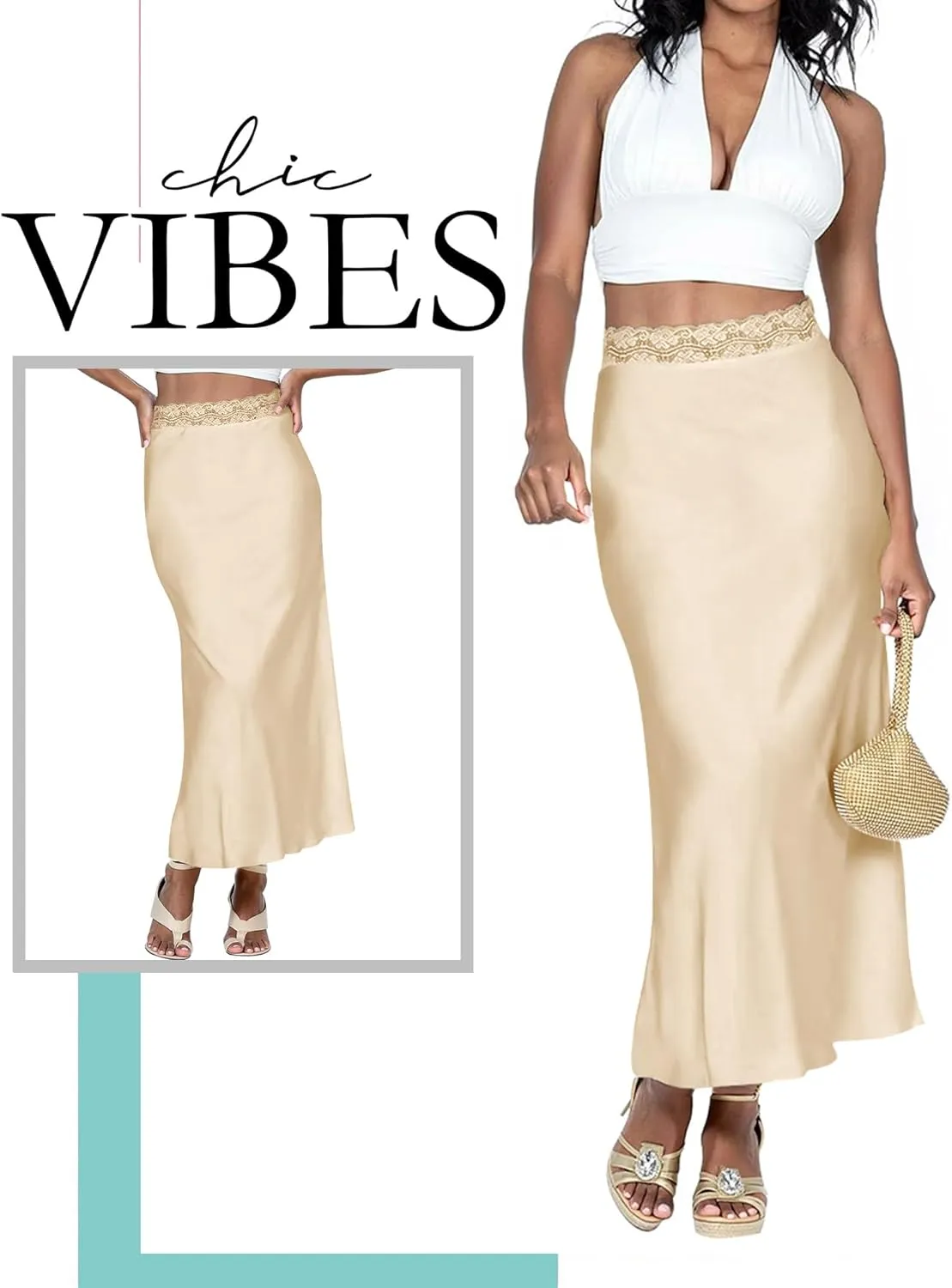 Ezcosplay Women Satin Silk Maxi Skirt Lace High Elastic Waisted Cocktail Party Wedding Silky Long Skirts