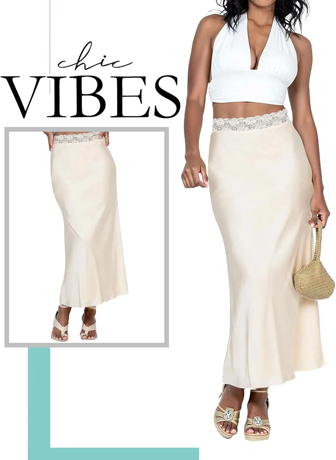 Ezcosplay Women Satin Silk Maxi Skirt Lace High Elastic Waisted Cocktail Party Wedding Silky Long Skirts