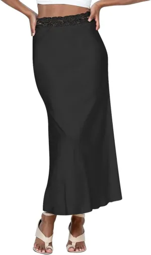Ezcosplay Women Satin Silk Maxi Skirt Lace High Elastic Waisted Cocktail Party Wedding Silky Long Skirts