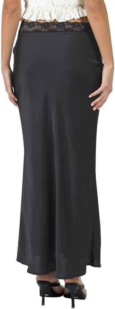 Ezcosplay Women Satin Silk Maxi Skirt Lace High Elastic Waisted Cocktail Party Wedding Silky Long Skirts