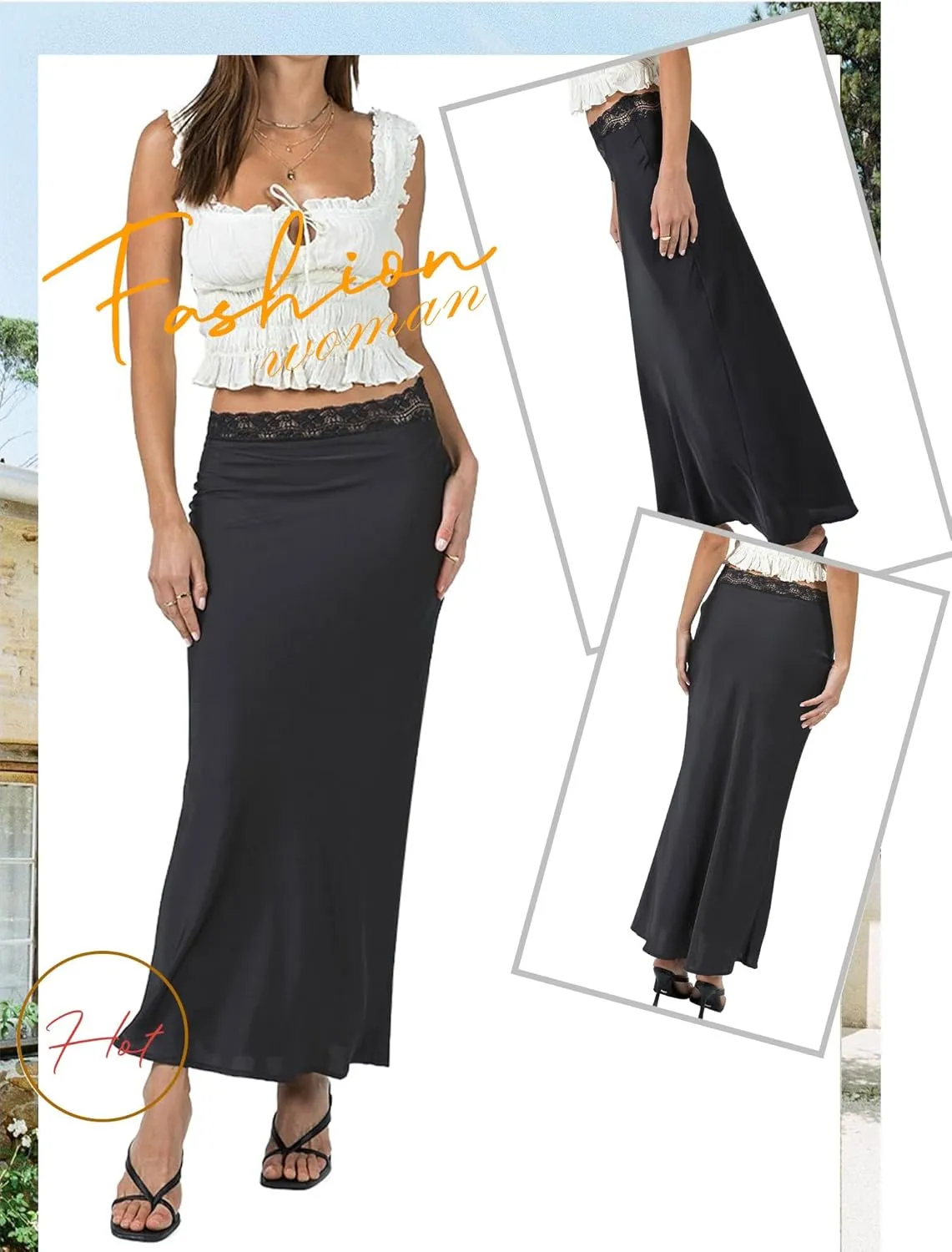 Ezcosplay Women Satin Silk Maxi Skirt Lace High Elastic Waisted Cocktail Party Wedding Silky Long Skirts