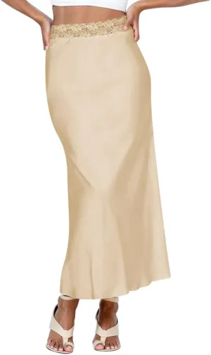 Ezcosplay Women Satin Silk Maxi Skirt Lace High Elastic Waisted Cocktail Party Wedding Silky Long Skirts