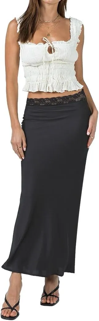 Ezcosplay Women Satin Silk Maxi Skirt Lace High Elastic Waisted Cocktail Party Wedding Silky Long Skirts