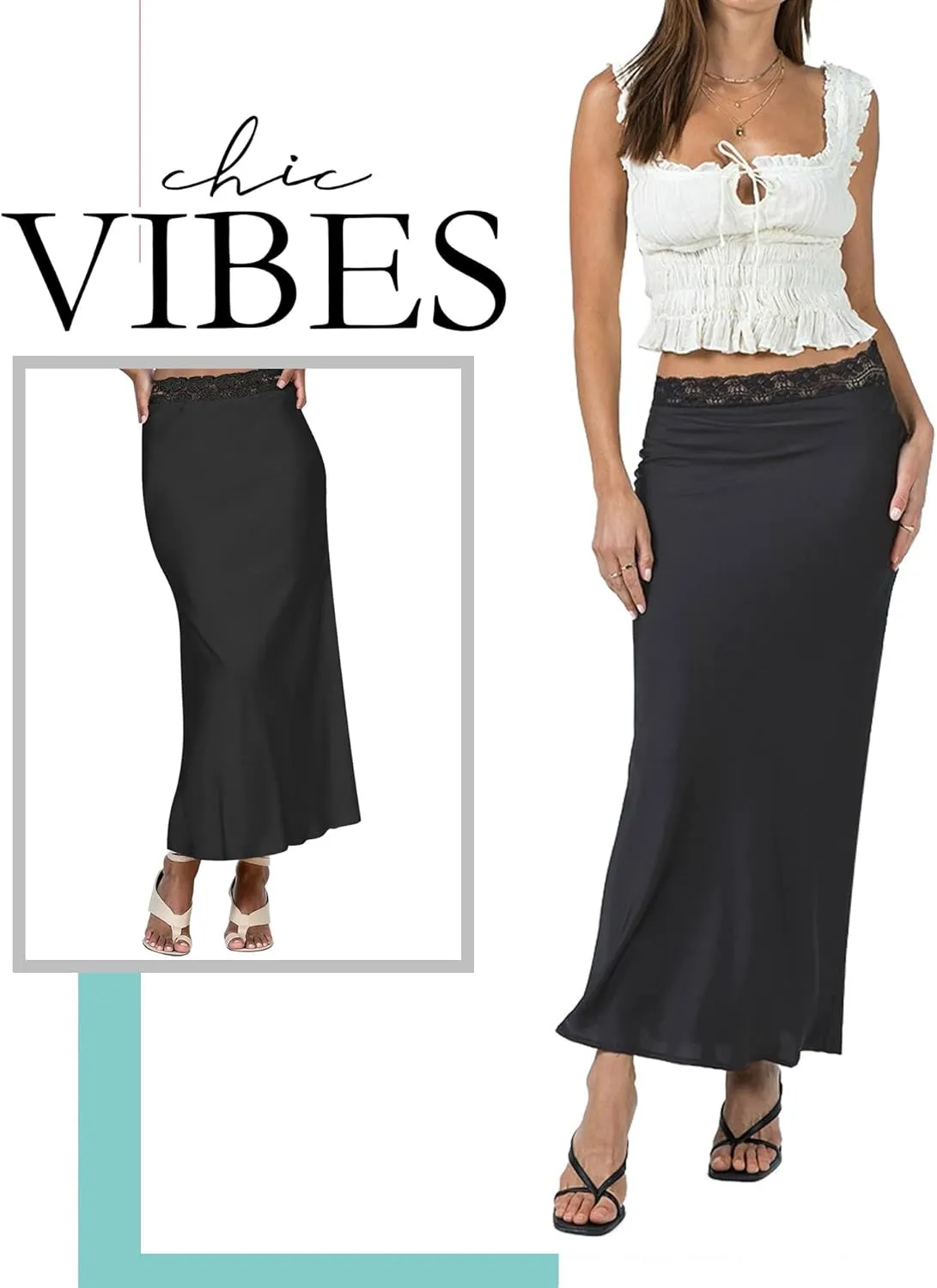 Ezcosplay Women Satin Silk Maxi Skirt Lace High Elastic Waisted Cocktail Party Wedding Silky Long Skirts