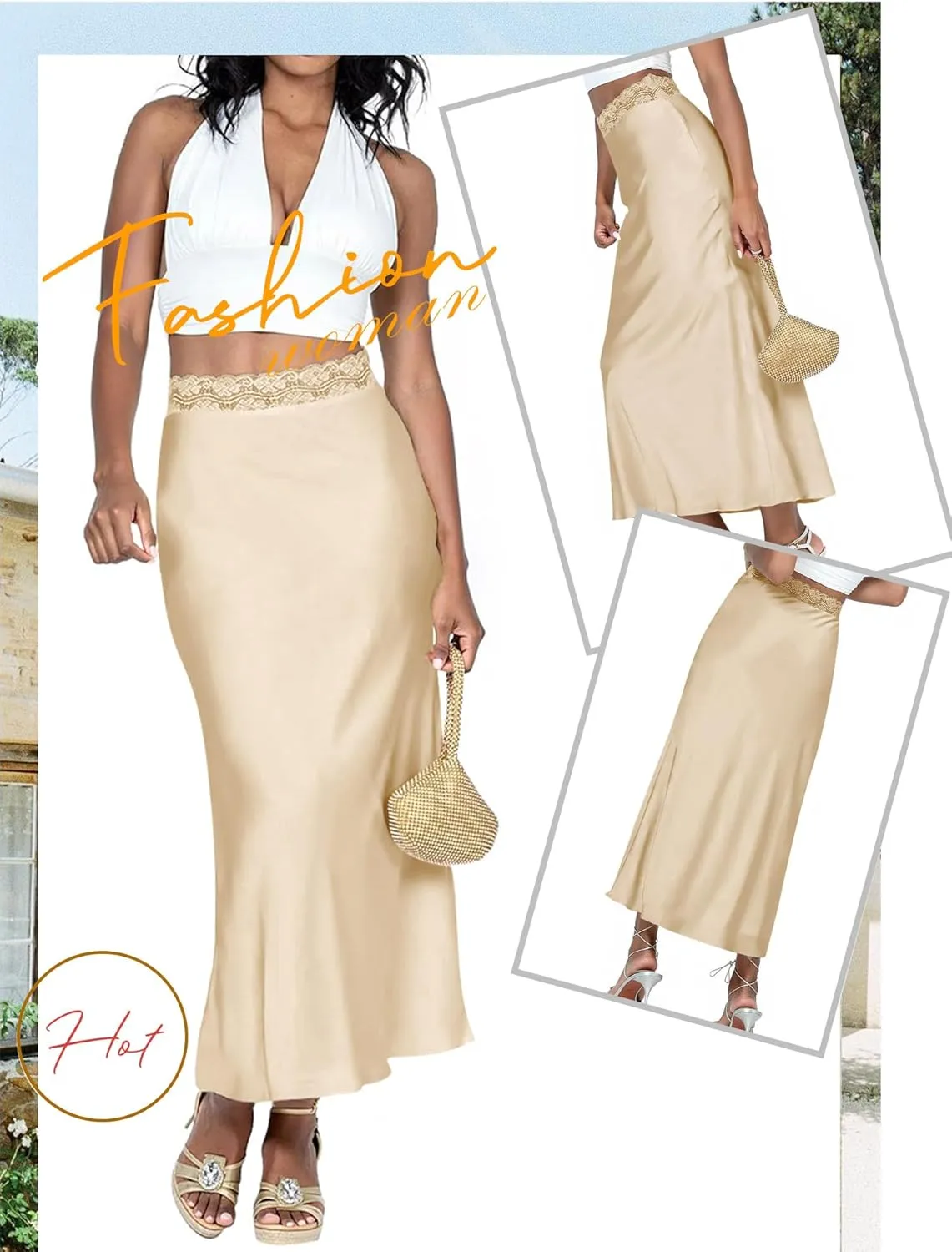 Ezcosplay Women Satin Silk Maxi Skirt Lace High Elastic Waisted Cocktail Party Wedding Silky Long Skirts