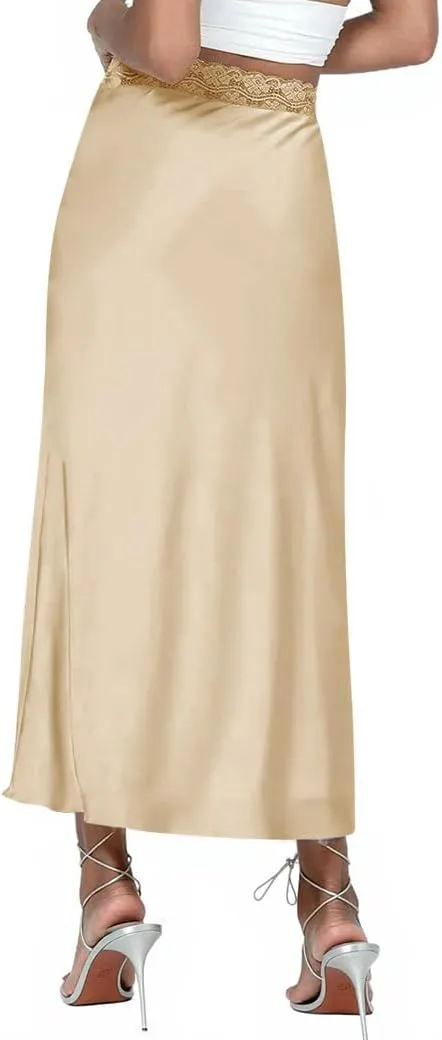 Ezcosplay Women Satin Silk Maxi Skirt Lace High Elastic Waisted Cocktail Party Wedding Silky Long Skirts
