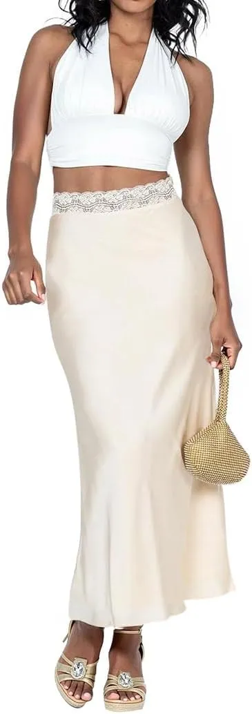 Ezcosplay Women Satin Silk Maxi Skirt Lace High Elastic Waisted Cocktail Party Wedding Silky Long Skirts