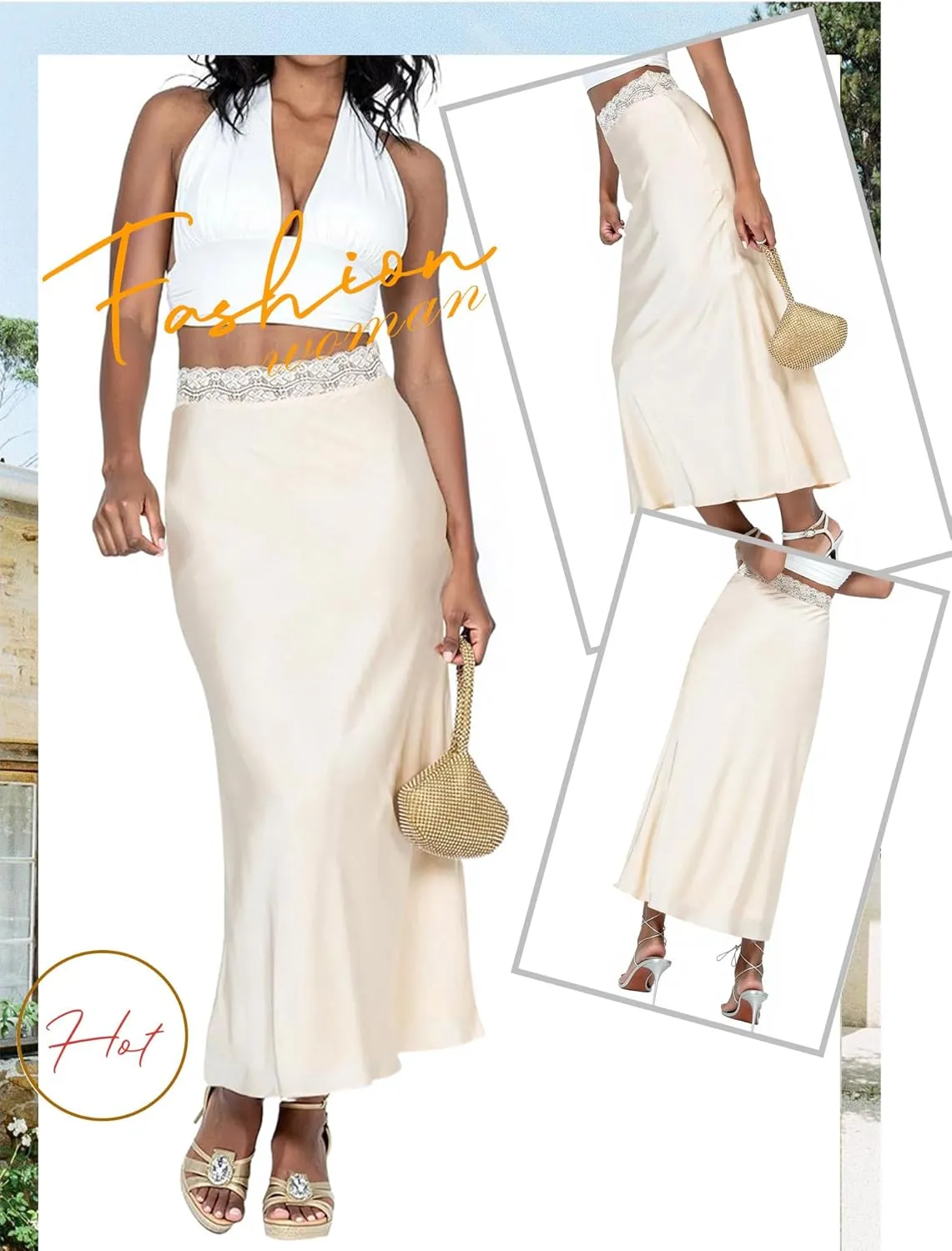 Ezcosplay Women Satin Silk Maxi Skirt Lace High Elastic Waisted Cocktail Party Wedding Silky Long Skirts