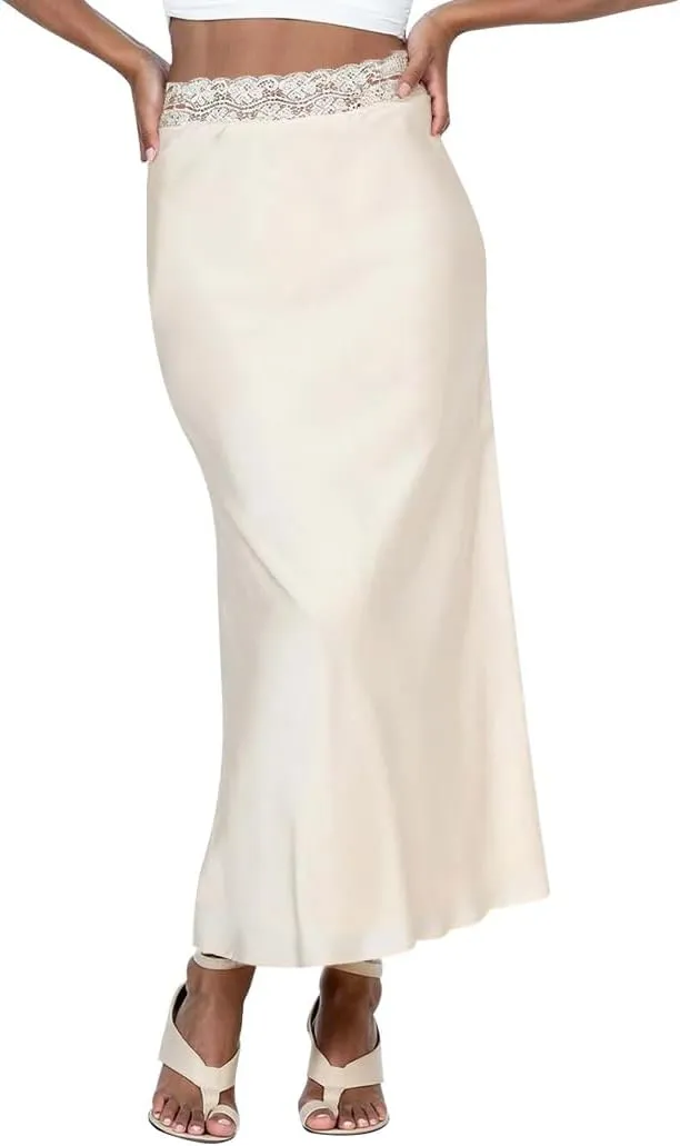 Ezcosplay Women Satin Silk Maxi Skirt Lace High Elastic Waisted Cocktail Party Wedding Silky Long Skirts