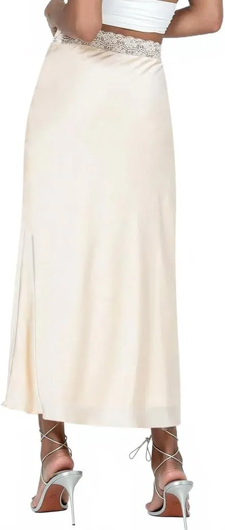 Ezcosplay Women Satin Silk Maxi Skirt Lace High Elastic Waisted Cocktail Party Wedding Silky Long Skirts