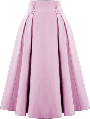 Fall Skirts for Women 2024 Pleated Wool Skirts Casual Button Elastic Waist A-Line Tartan Midi Skirts