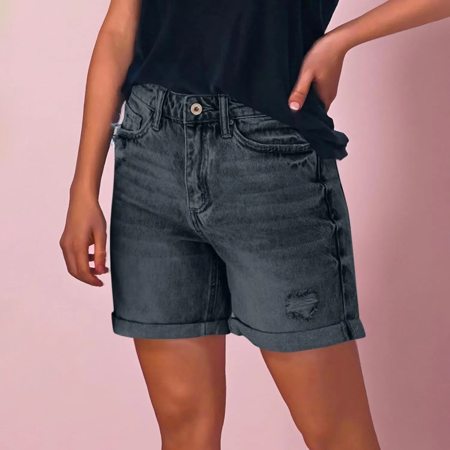 Fashion Denim Shorts for Women High Waisted Folded Hem Ripped Short Jean Button Front Relaxed Fit Bottoms with Pocket