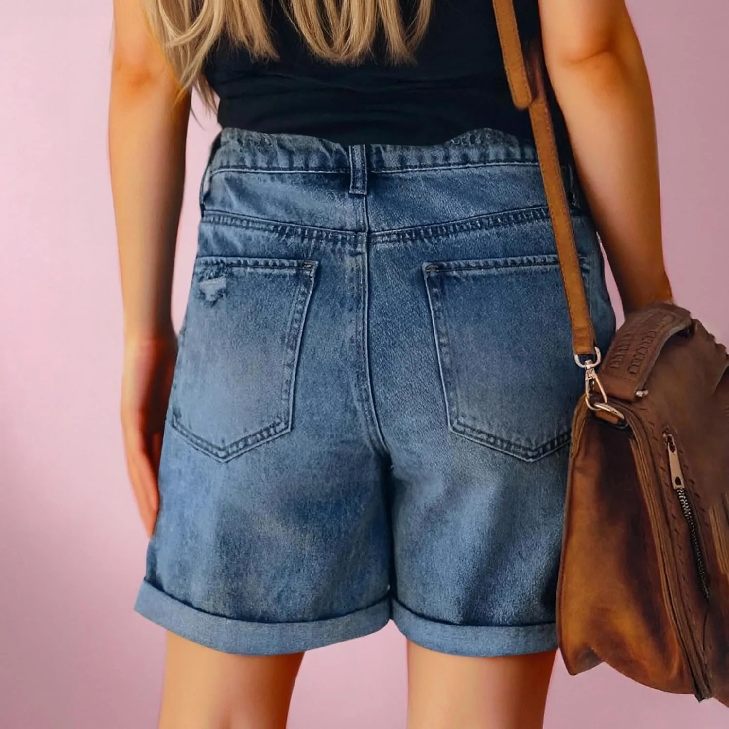 Fashion Denim Shorts for Women High Waisted Folded Hem Ripped Short Jean Button Front Relaxed Fit Bottoms with Pocket