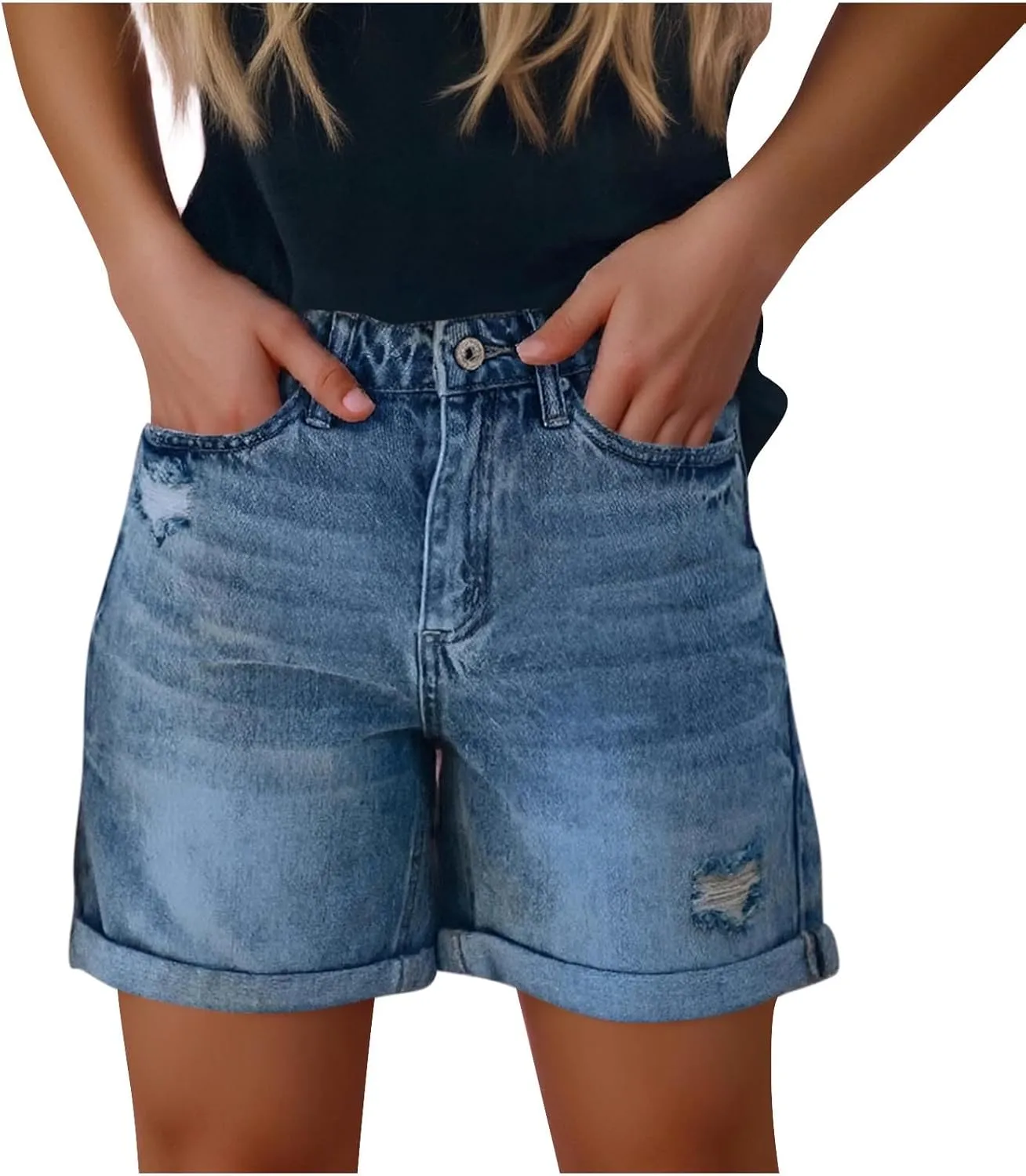 Fashion Denim Shorts for Women High Waisted Folded Hem Ripped Short Jean Button Front Relaxed Fit Bottoms with Pocket