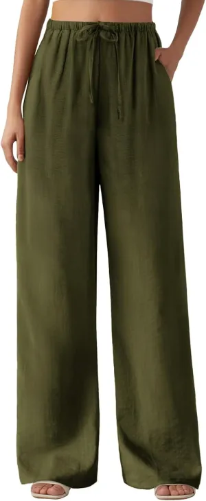 Feiersi Women's Casual Pants Drawstring Elastic Waist Pants Flowy Wide Leg Beach Trousers with Pockets
