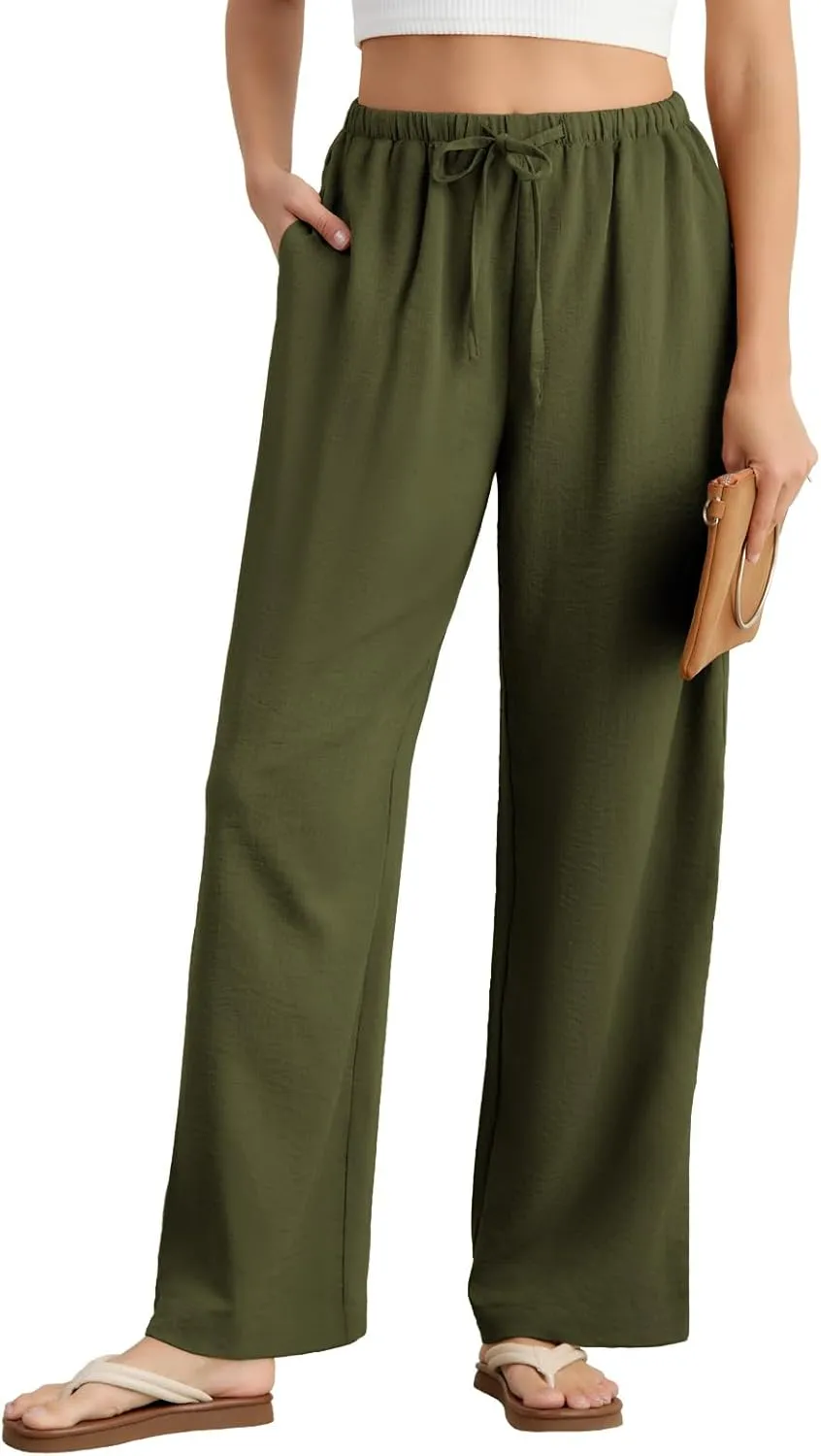 Feiersi Women's Casual Pants Drawstring Elastic Waist Pants Flowy Wide Leg Beach Trousers with Pockets